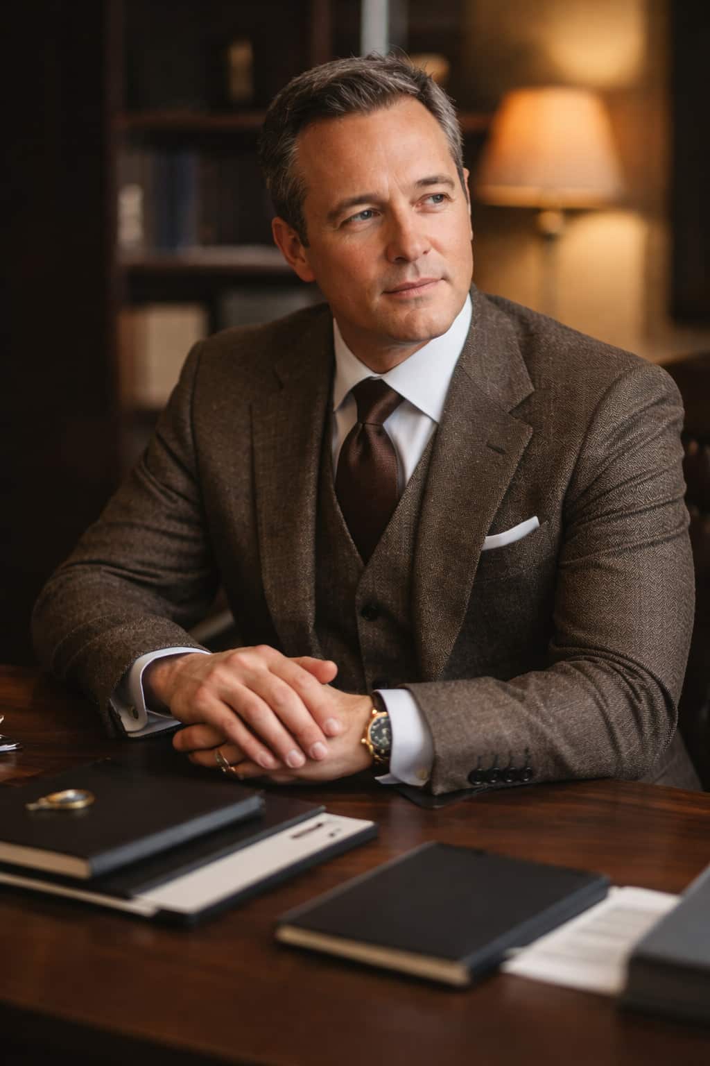 Brown three-piece bespoke suit for Shanghai business tailoring