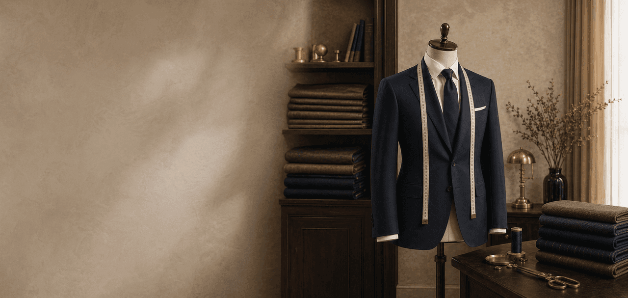 Warm taupe bespoke tailoring atelier with a navy suit, measuring tape, wool fabrics, and brass tools for Wuyue Bespoke Shanghai