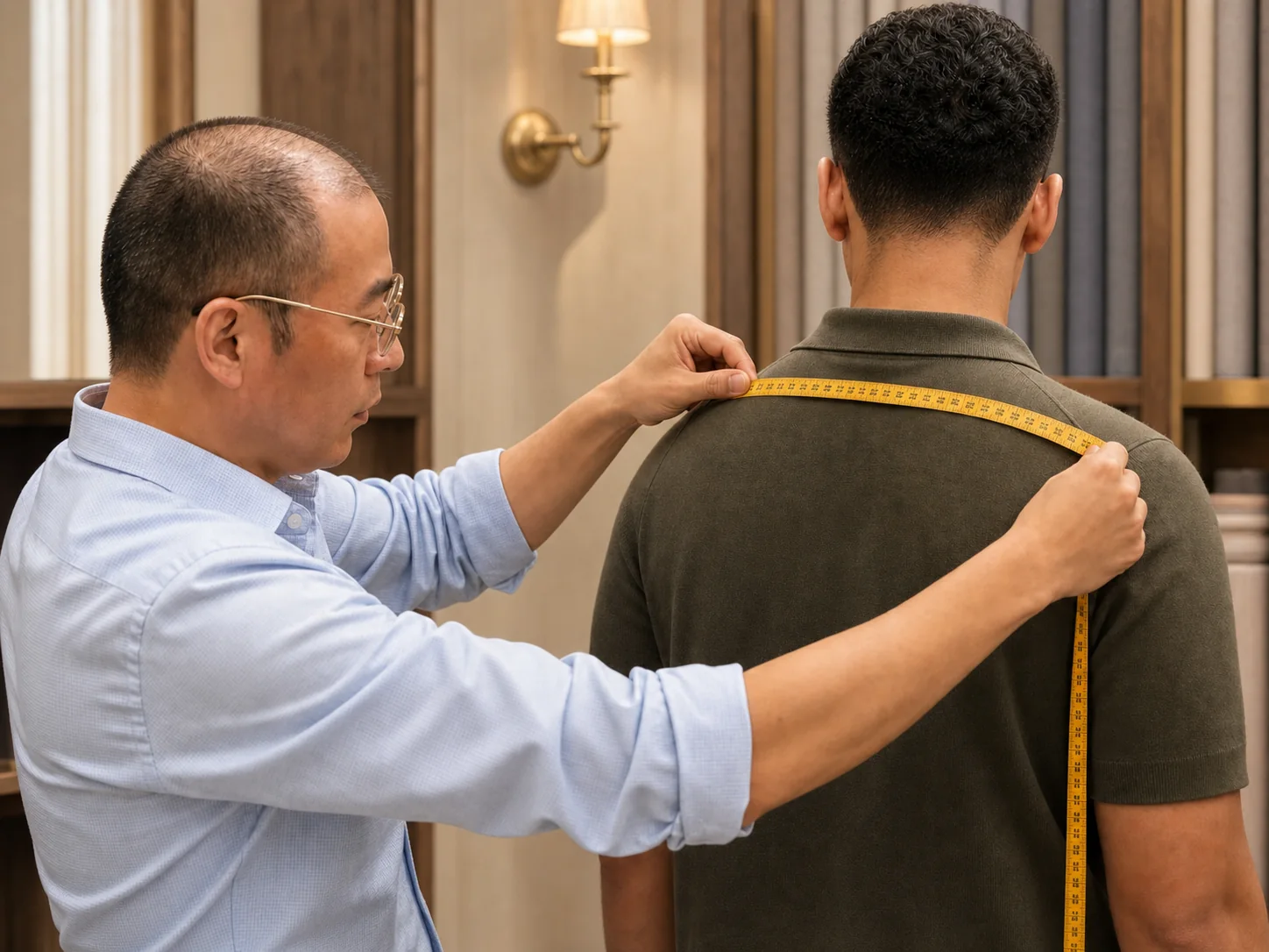 Wuyue Shanghai tailor measuring a client's shoulders in a private atelier setting